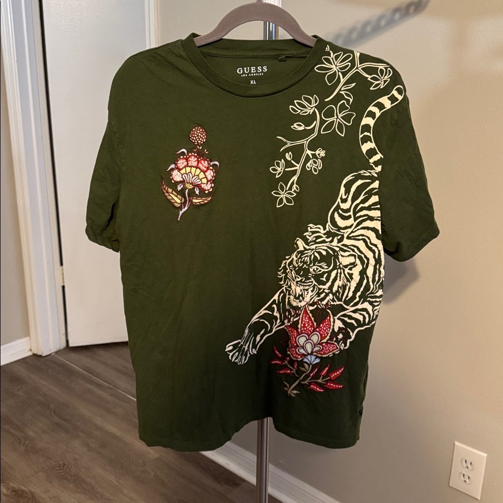 Guess Olive T-Shirt with Tiger and Floral Design